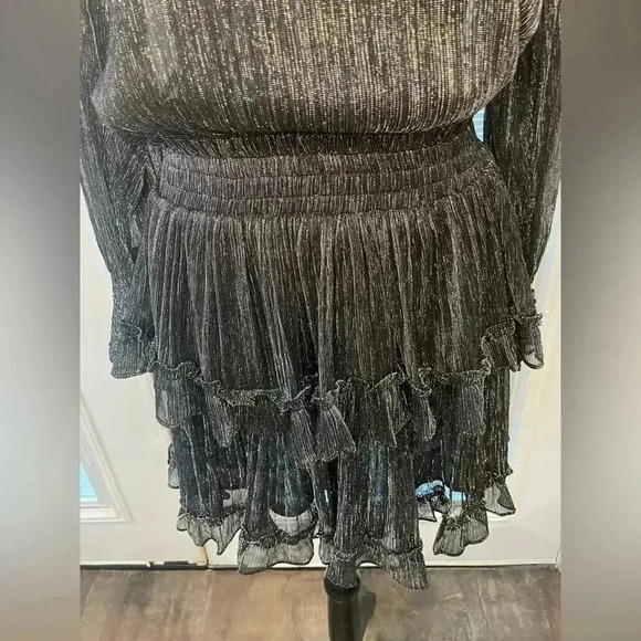 MISA Los Angeles NWT Metallic Black & Silver Smocked Mini Dress Womens Size XS - Picture 2 of 12